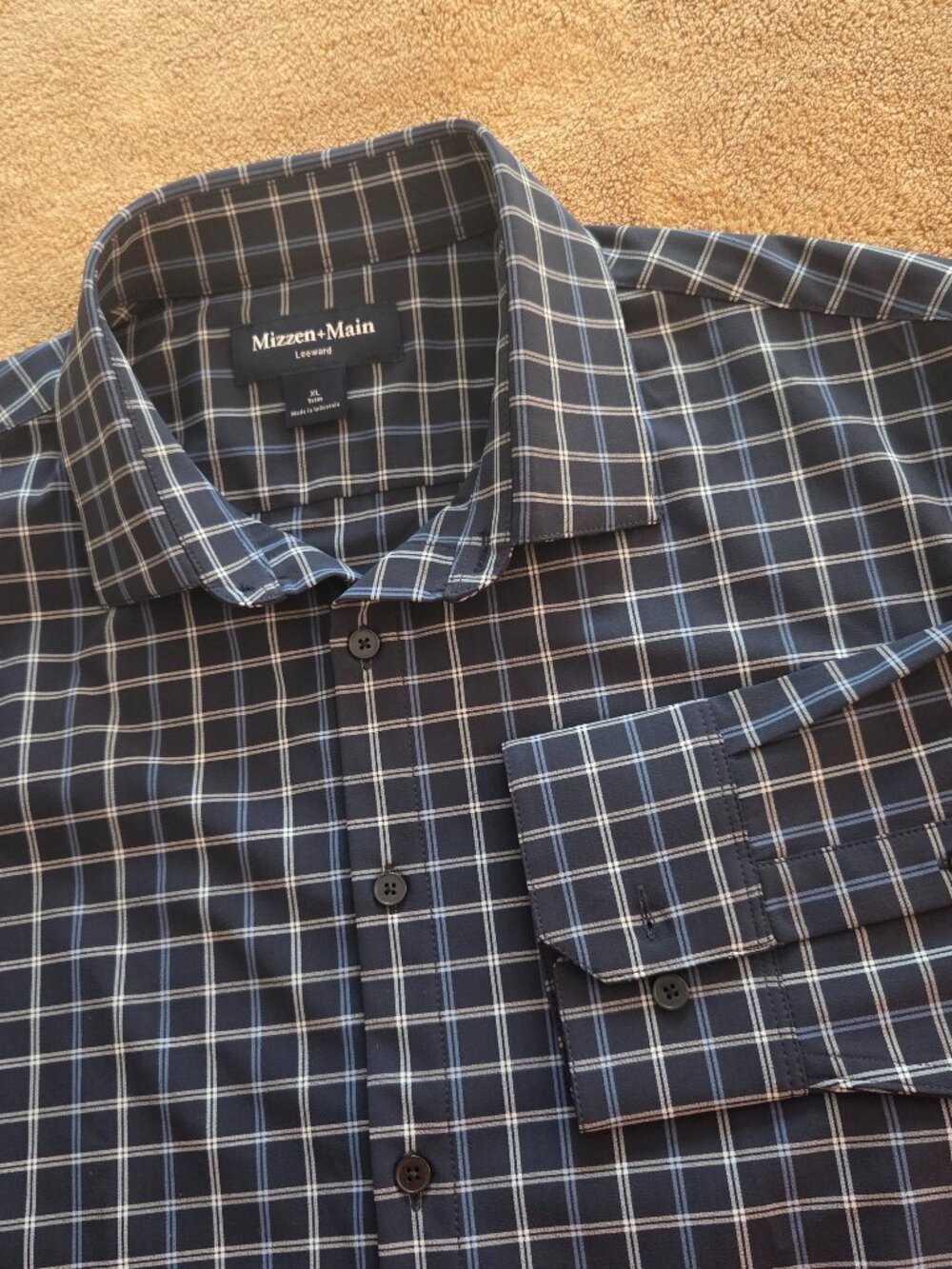 Mizzen Main Leeward Performance Dress Shirt Trim Fit Size XL Navy Blue Check